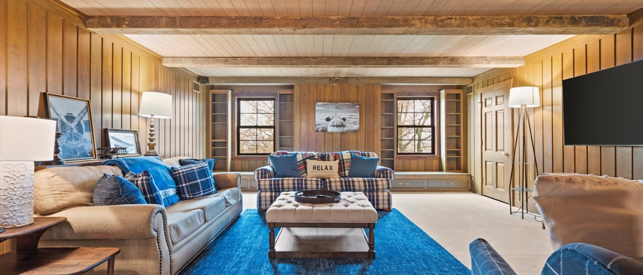 Game room at rustic event venue and wedding lodging Kansas City