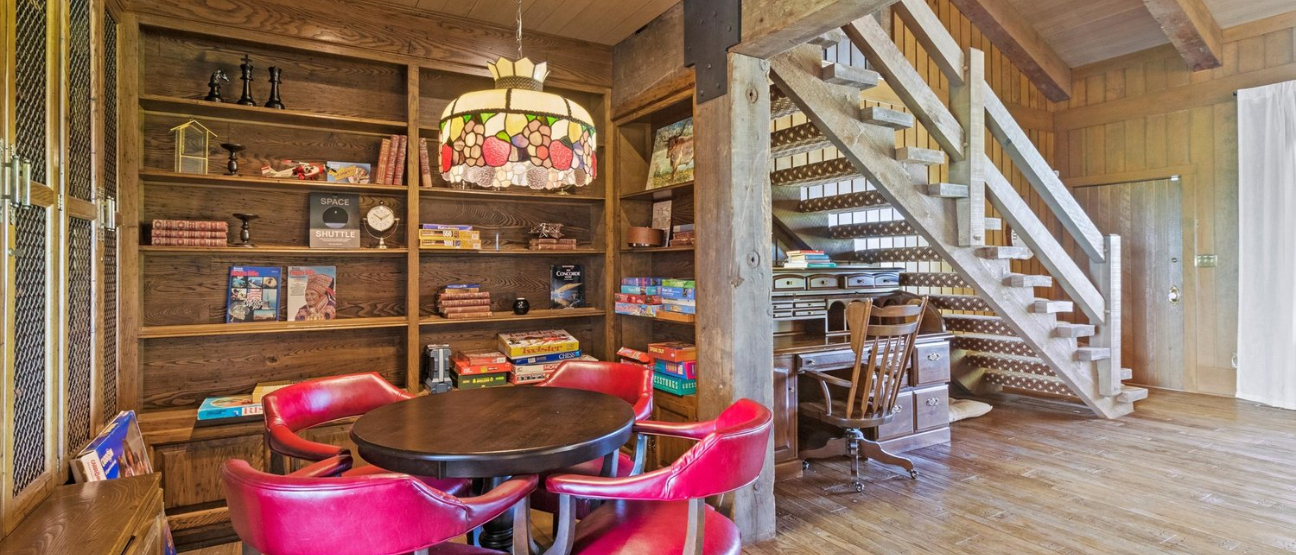 Indoor dining area at rustic wedding venue in Kansas City Missouri