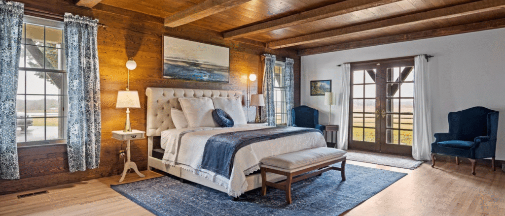 Private lodging bedroom at barn wedding venue Kansas City MO