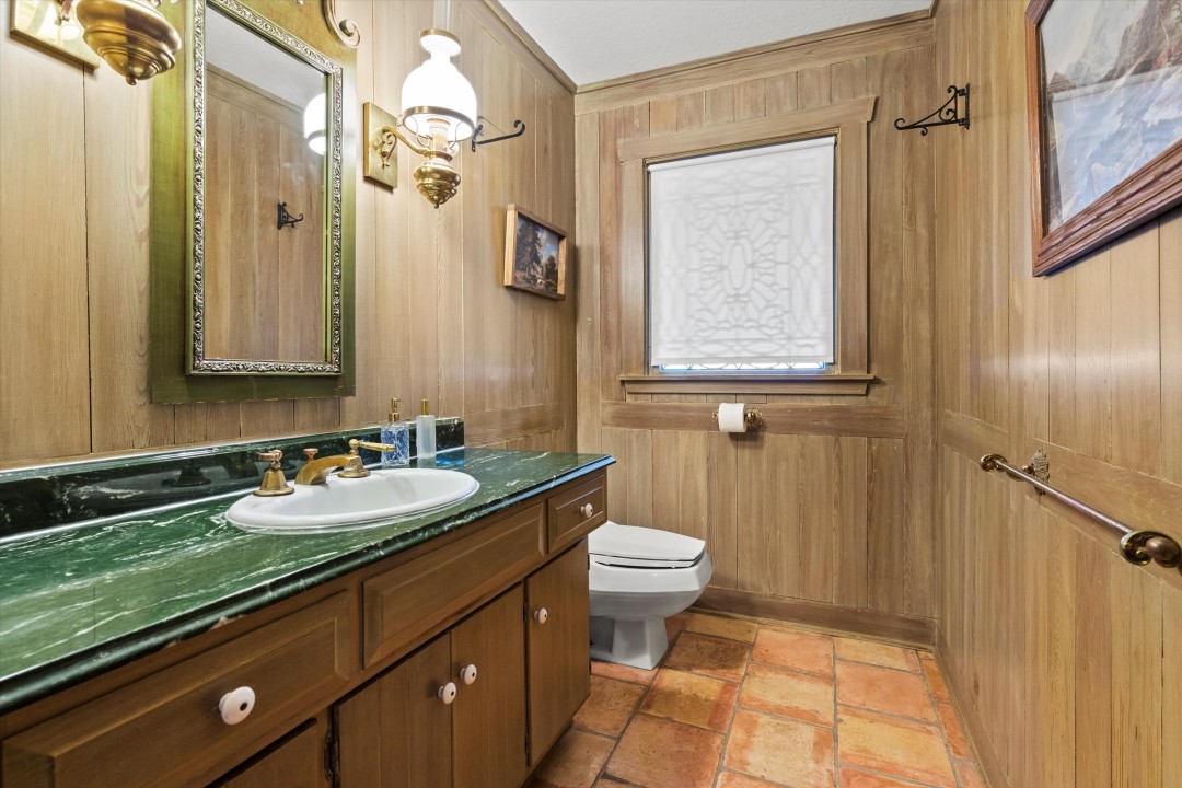 Guest bathroom inside rustic wedding venue lodging Kansas City