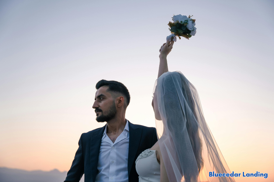 couples in a lakeside wedding setup